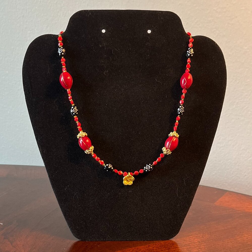 Handmade Beaded Necklace - Red with Black & Gold Accents
